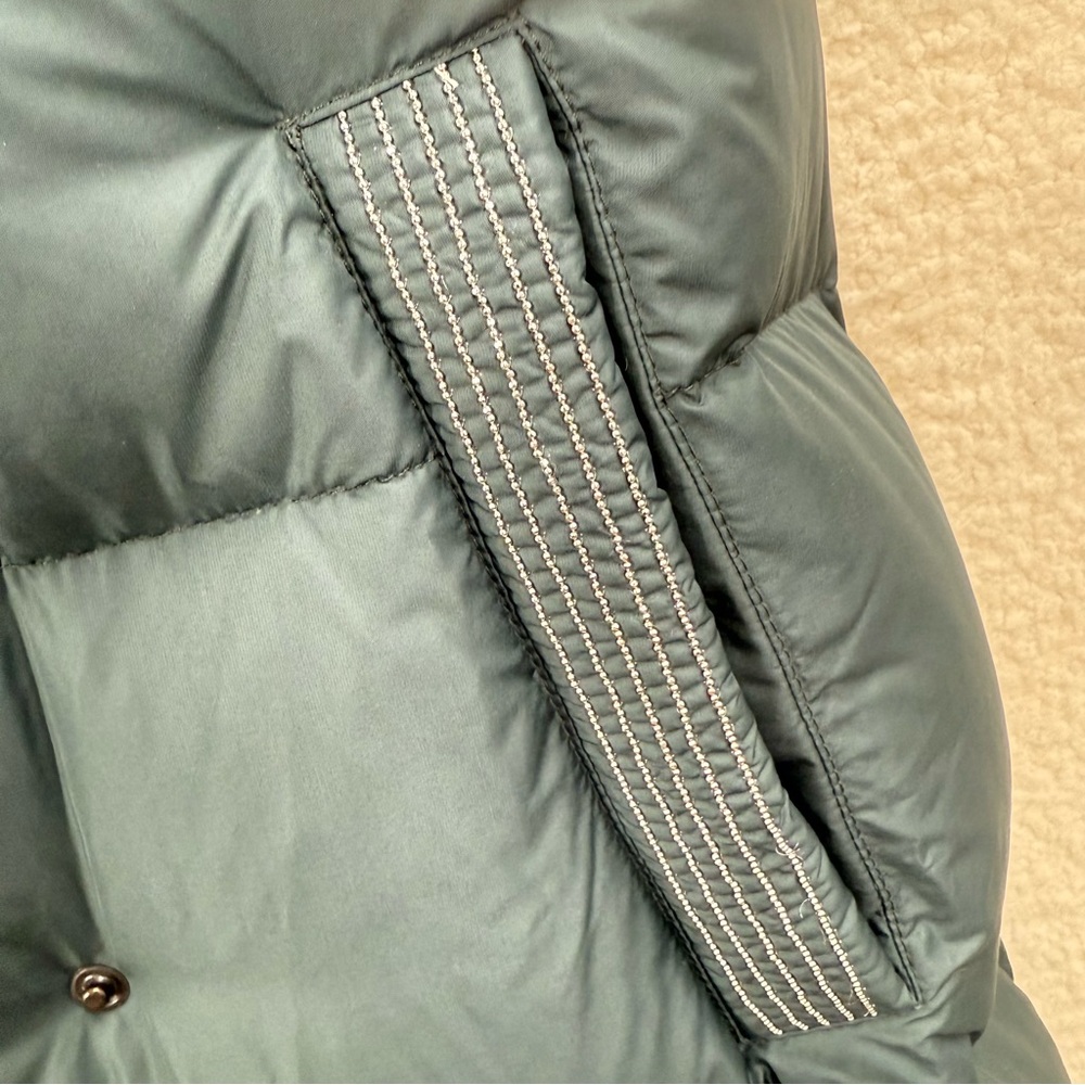 Peserico Long Hooded Puffer Vest Goose Down Feather Quilted Jeweled Trim Italy - Picture 6 of 16